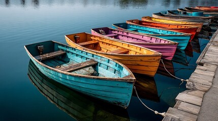 Obraz premium Colorful Rowboats on a Calm Lake