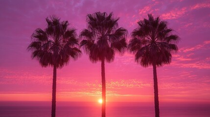 Fototapeta premium Three Palm Trees Silhouetted Against a Vibrant Pink Sunset Over the Ocean