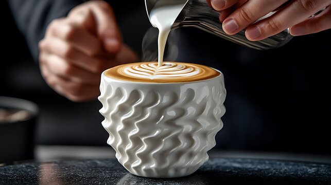 Barista Crafting Latte Art in Ceramic Mug, Barista pouring latte art into a speckled ceramic mug on a dark marble countertop