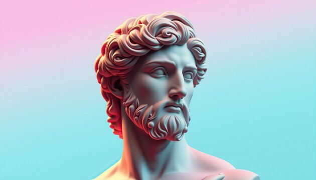 classical sculpture of man with beard and curly hair against soft colorful gradient backdrop - Powered by Adobe