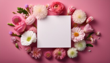 flowers around a white square on a pink background