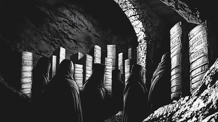 Gathering of shadows at an underground library for a secretive society assembly. [Whispering Archives] | Rune-Bound Books | carved spine. Illustration