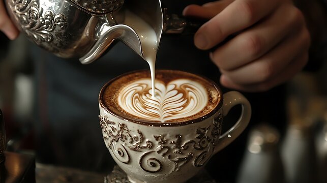 Barista Crafting Latte Art in Ceramic Mug, Barista pouring latte art into a speckled ceramic mug on a dark marble countertop