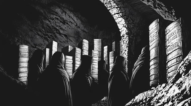 Gathering of shadows at an underground library for a secretive society assembly. [Whispering Archives] | Rune-Bound Books | carved spine. Illustration