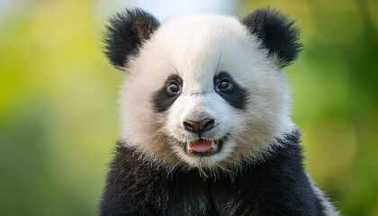 Obraz premium playful young panda with a cheeky grin against a soft green backdrop