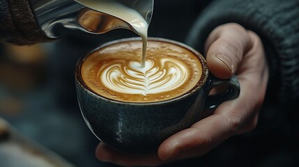 Barista Crafting Latte Art in Ceramic Mug, Barista pouring latte art into a speckled ceramic mug on a dark marble countertop