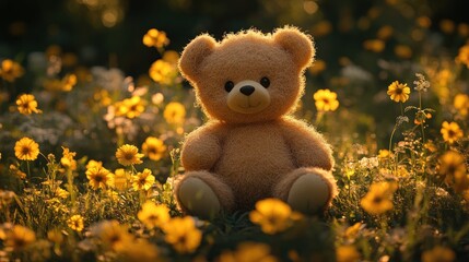 Fototapeta premium Adorable Teddy Bear in a Sunlit Meadow of Yellow Flowers