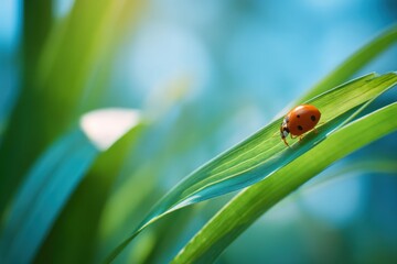 Fototapeta premium Ladybug Crawling on a Grass Blade Under Bright Sunlight in a Lush Garden Setting Generative AI