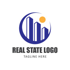 Professional Real Estate Logo Vector with Skyline and Sun in Circular Design