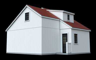 White cottage with dormer window and red roof. 3d illustration isolated on black