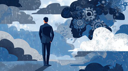 Moody Conceptual Image of Man Standing in Rain with Clock - Time Concept