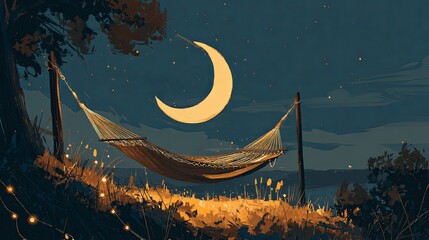 Hammock Hanging in Tree under Full Moon