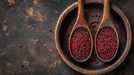 Red peppercorns in wooden spoons