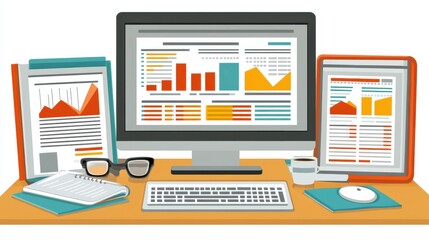 Desk Arrangement Showing Analytical Business Data and Financial Charts for Remote Working and Success in Strategy on Computer Screen