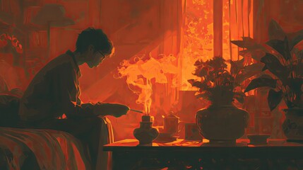 Woman Relaxing by Fireplace