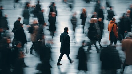 Businessman in Suit Walking Through Urban Crowd