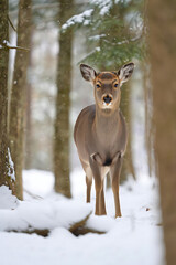 Naklejka premium Whitetail Deer in a Snowy Winter Forest Scene