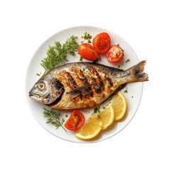 Grilled Dorado Fish with Lemon and Tomatoes on White Plate