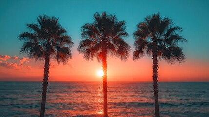 Three Palm Trees Silhouetted Against a Vibrant Sunset Over the Ocean