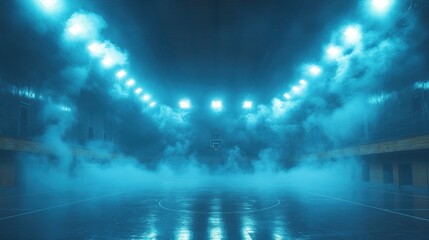 Mystical Basketball Court: Blue Neon Lights and Fog Embrace the Game