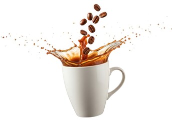 Fresh brewed beverage with beans falling into a white ceramic mug