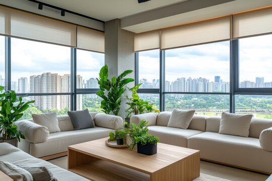 Modern living room with panoramic city views.  A spacious, light-filled living area boasts large windows offering an expansive cityscape.  Soft, neutral-toned furniture creates a calming atmosphere.  