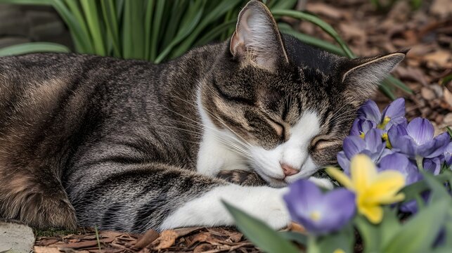 Sleeping Tabby Cat Amidst Spring Crocuses - Powered by Adobe