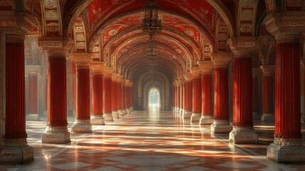 Obraz premium A Majestic Red Colonnade: Architectural Marvel in a Palace Corridor