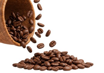 Obraz premium Fresh roasted aroma coffee beans falling from a wooden container