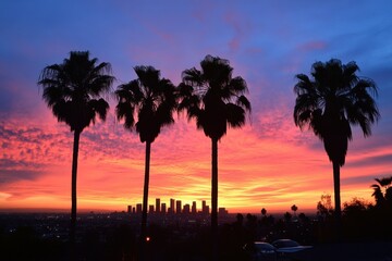 Obraz premium the city skyline with palm trees in the foreground, Los Angeles, sunset, skyline, cityscape, Los Angeles city view Generative AI