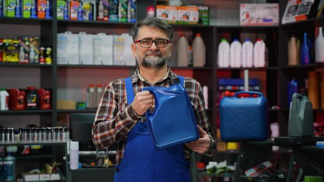Senior Auto Store Seller with Motor Oil Canisters