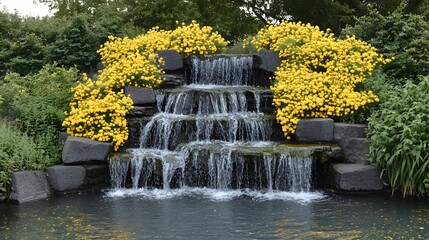 Naklejka premium Serene Stone Waterfall with Yellow Flowers