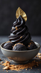 Delicious charcoal-activated ice cream topped with edible gold leaf, close-up presentation, professional food photography concept.