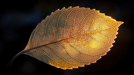 Aspen leaf detail exhibiting glowing cellular structure with golden light accentuating the intricate network of veins and natural serrated margins