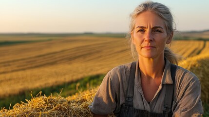 Midwest hayfield panorama featuring weathered female farmer in work shirt beside golden hay bale, expansive grain rows bathed in warm evening light