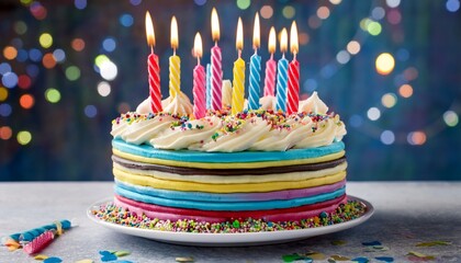 striped buttercream birthday cake with colorful birthday candles and sprinkles