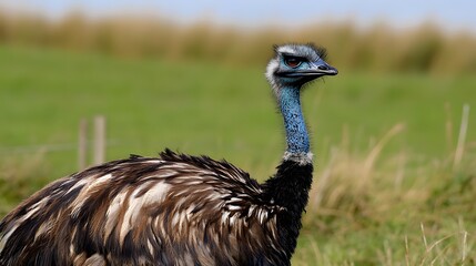 Majestic emu bird in green field, wildlife photography