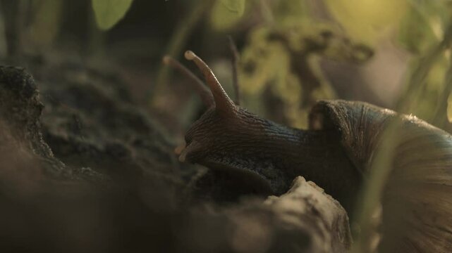 Gros plan macro d&rsquo;un escargot gluant rampant lentement dans un champ de mara&icirc;chage en Casamance &ndash; agriculture organique, humidit&eacute;, recherche de nourriture dans une atmosph&egrave;re tropicale naturelle
