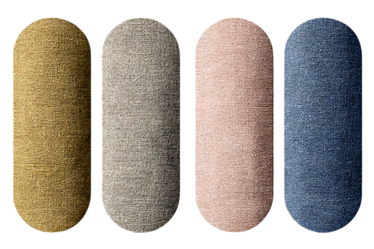 Four textured rounded rectangle shapes in gold, grey, pink and blue against trasparent background