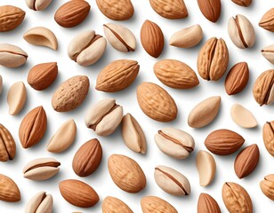 Obraz premium Almonds and Pistachios Scattered on White Background