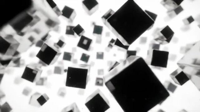  Mirrored cubes levitate and rotate in a vast reflective chamber, creating recursive waves of geometric motion and light