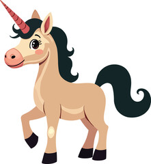 Adorable cartoon illustration of a majestic unicorn with pink horn and dark mane isolated
