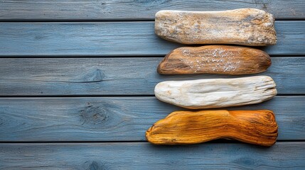 Coastal driftwood pieces collected from shoreline showing organic color spectrum from sun-bleached white to rich amber, displayed on rustic blue-gray wooden surface with natural grain texture