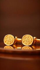 pair of gold cufflinks on a table