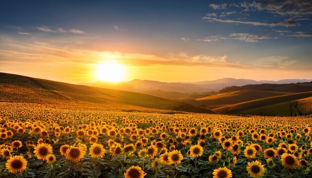 majestic sunflower field under golden sunset with rolling hills and serene sky