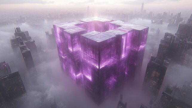 Futuristic cityscape with a vibrant cube structure amidst the clouds innovative urban planning in a sci fi environment