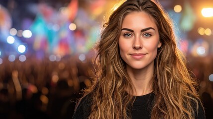 Fototapeta premium Confident Young Woman Smiling at a Vibrant Festival with Colorful Background
