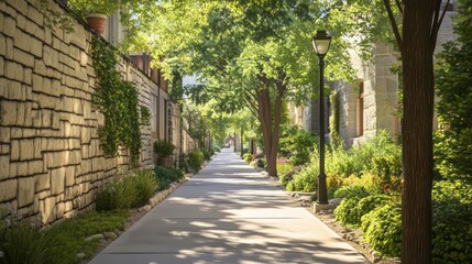 Fototapeta premium Sunny walkway between stone walls, lush greenery, urban oasis
