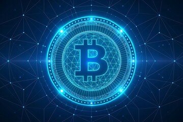 Futuristic bitcoin cryptocurrency concept represented with glowing blue digital graphics