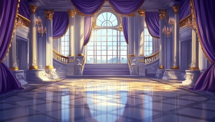 Grand palace hall with sunlight streaming through large windows.  Ornate columns,  purple drapes,  and polished floor reflect light.  Elegant,  grandiose staircase leads to upper levels